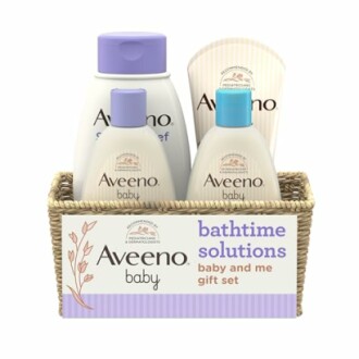 Aveeno baby bath time solutions gift set with lotions and shampoo.