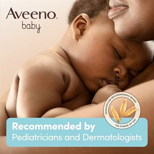 Aveeno baby product with mother holding infant, recommended by pediatricians and dermatologists.