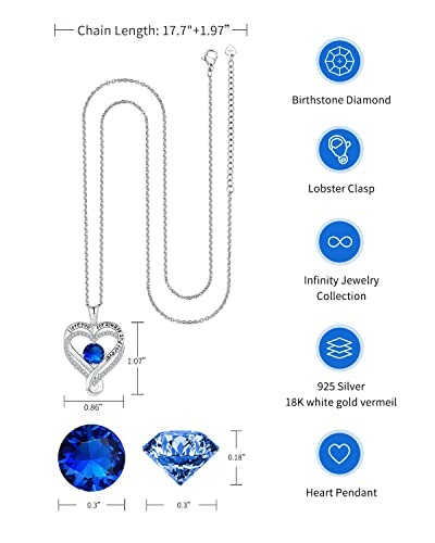 Blue heart pendant necklace with birthstone diamond and infinity design.