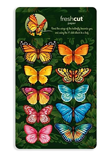 Colorful butterfly greeting cards on a leafy background.