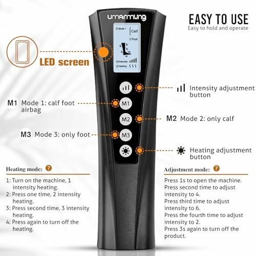 Calf and foot massager remote control with LED screen and mode buttons.