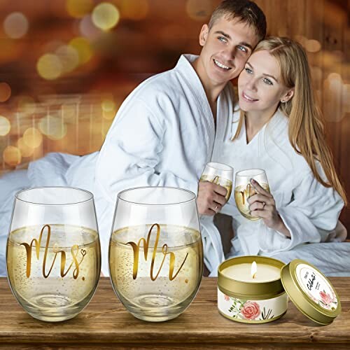 Couple in robes holding wine glasses with 'Mr.' and 'Mrs.' text, accompanied by a decorative candle.