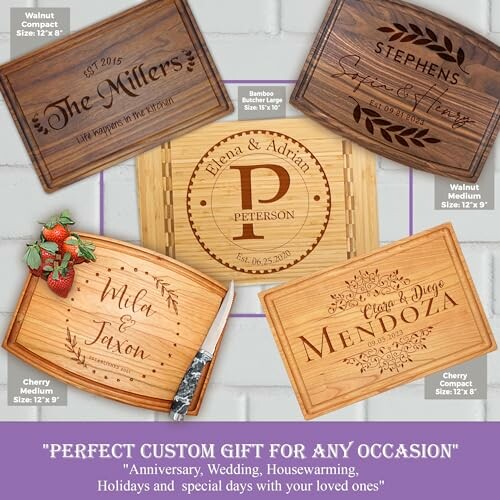 Various custom engraved cutting boards with family names and designs.