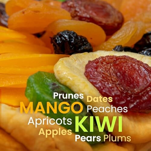 Assorted dried fruits including mango, kiwi, and prunes.