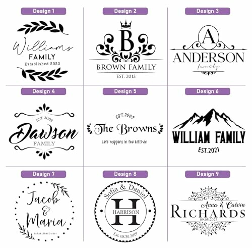 Nine family name designs with decorative elements.