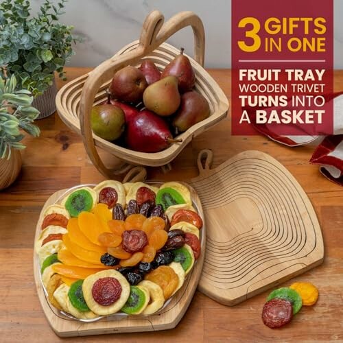 Wooden fruit tray with assorted dried fruits and pears in a basket.