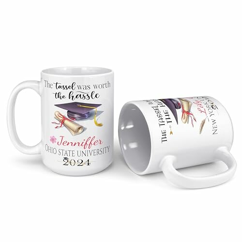 Graduation-themed mugs with cap, diploma, and personalized text.