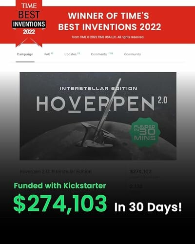 Hoverpen 2.0 funded on Kickstarter with $274,103 in 30 days.