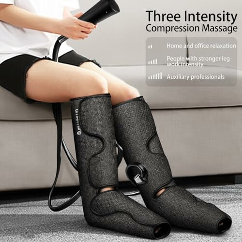 Leg compression massage device for relaxation and therapy.