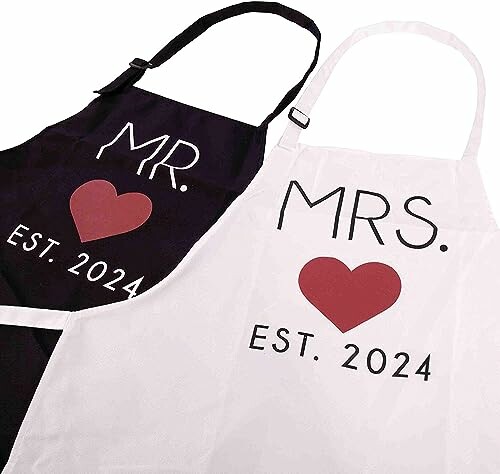 Mr. and Mrs. aprons with heart design, established 2024.