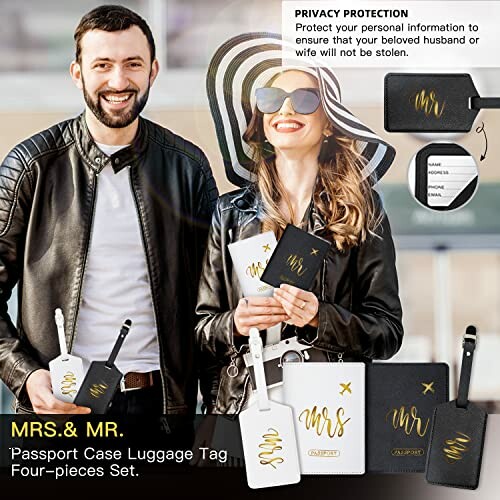 Couple with Mrs. and Mr. passport case luggage tag set.