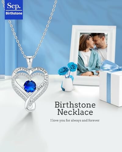 September birthstone necklace with heart pendant and couple photo.