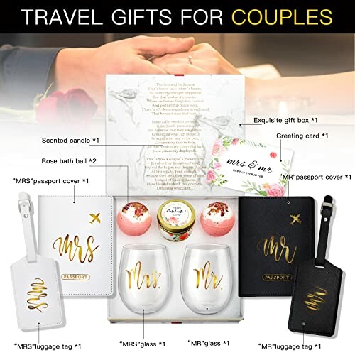 Couples travel gift set with passport covers, luggage tags, glasses, bath balls, candle, and greeting card.